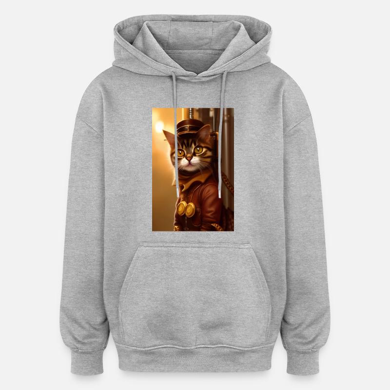 Chat Steampunk Style - Sweat à capuche oversize unisexe - gris chiné