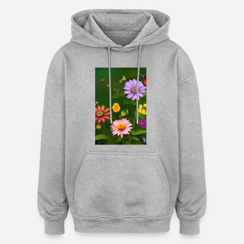 Fleurs et papillon - Sweat à capuche oversize unisexe - gris chiné