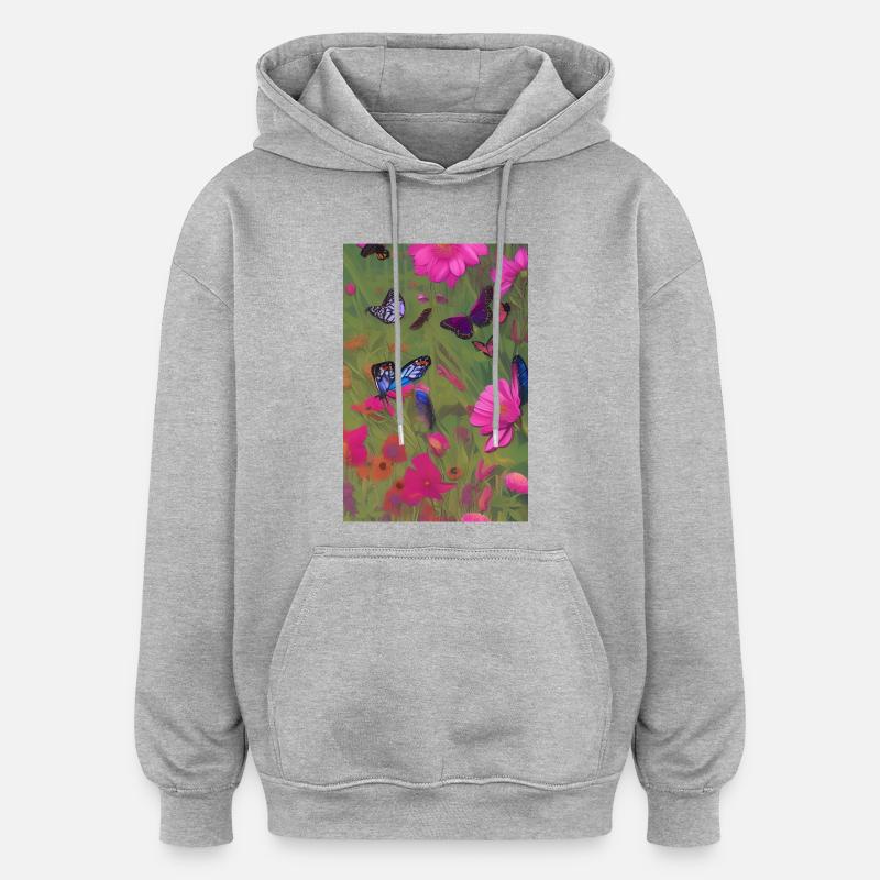 Fleurs et papillon - Sweat à capuche oversize unisexe - gris chiné