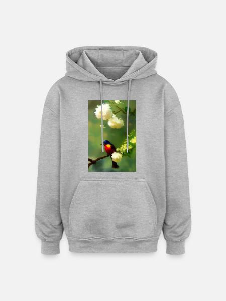 Bird on branch with flower blossoms - Oversized Unisex Hoodie - heather grey