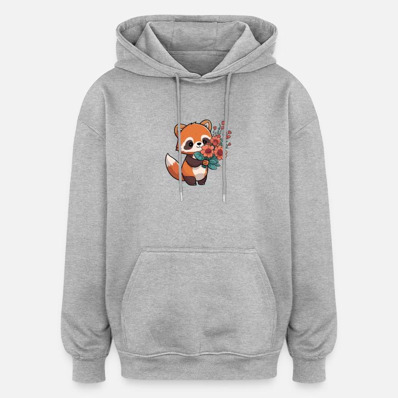 roter Panda mit Blumen - Oversized Unisex Hoodie - Grau meliert