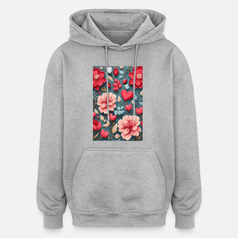 Des roses avec des cœurs - Sweat à capuche oversize unisexe - gris chiné