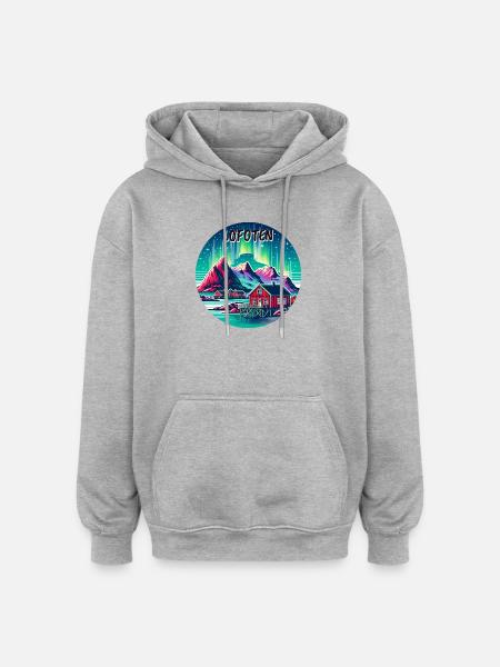 Lofoten, Norvegia, aurora boreale - Felpa con cappuccio unisex oversize - grigio melange