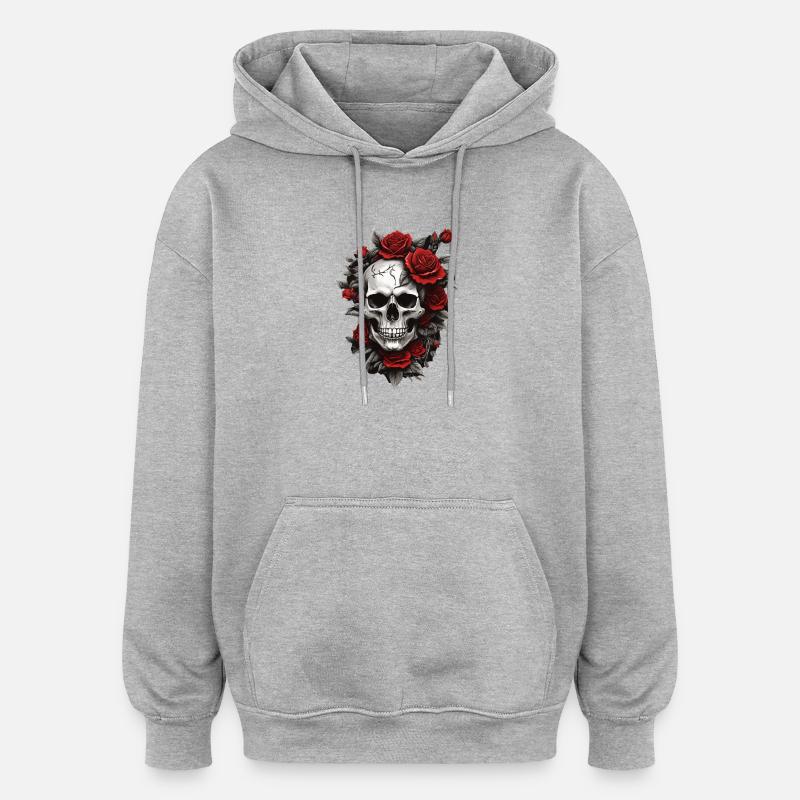 Crâne avec des roses rouges - Sweat à capuche oversize unisexe - gris chiné