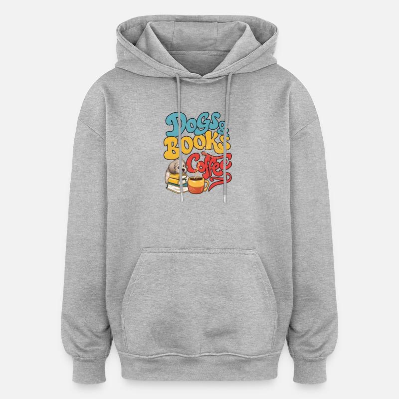 Chien et livres avec café - Sweat à capuche oversize unisexe - gris chiné