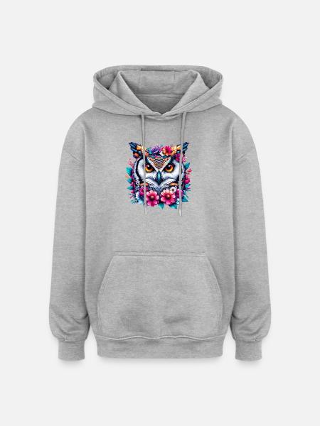 Eule mit Blumen geschmückt - Oversized Unisex Hoodie - Grau meliert