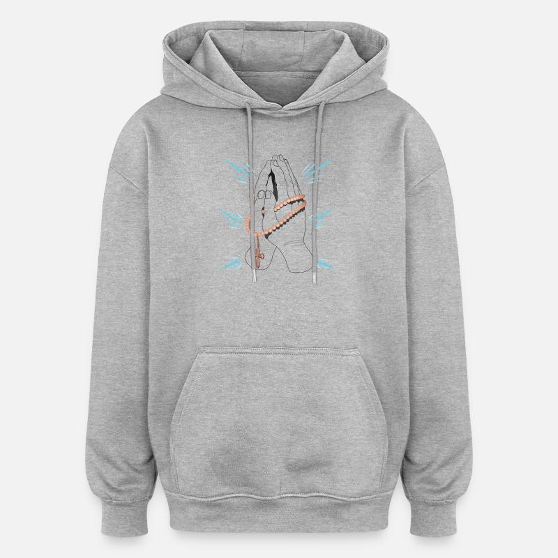 Mains priantes avec rosarium de perles - Sweat à capuche oversize unisexe - gris chiné