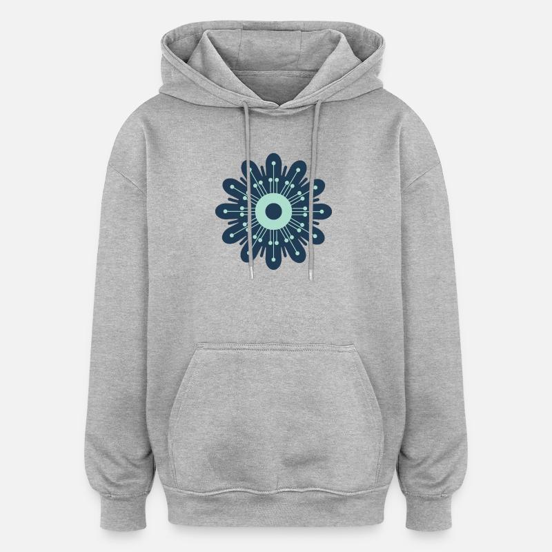 Fleur bleu foncé et vert menthe - Sweat à capuche oversize unisexe - gris chiné