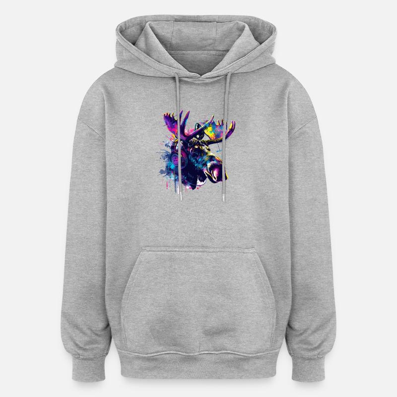 Elch Elche Elchkopf mit Kopfhörer - Oversized Unisex Hoodie - Grau meliert