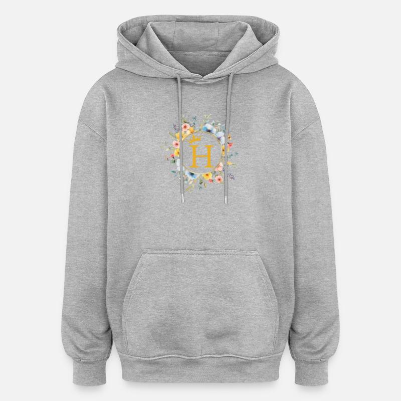 H Monogramme, Cercle de fleurs, Personnalisable - Sweat à capuche oversize unisexe - gris chiné