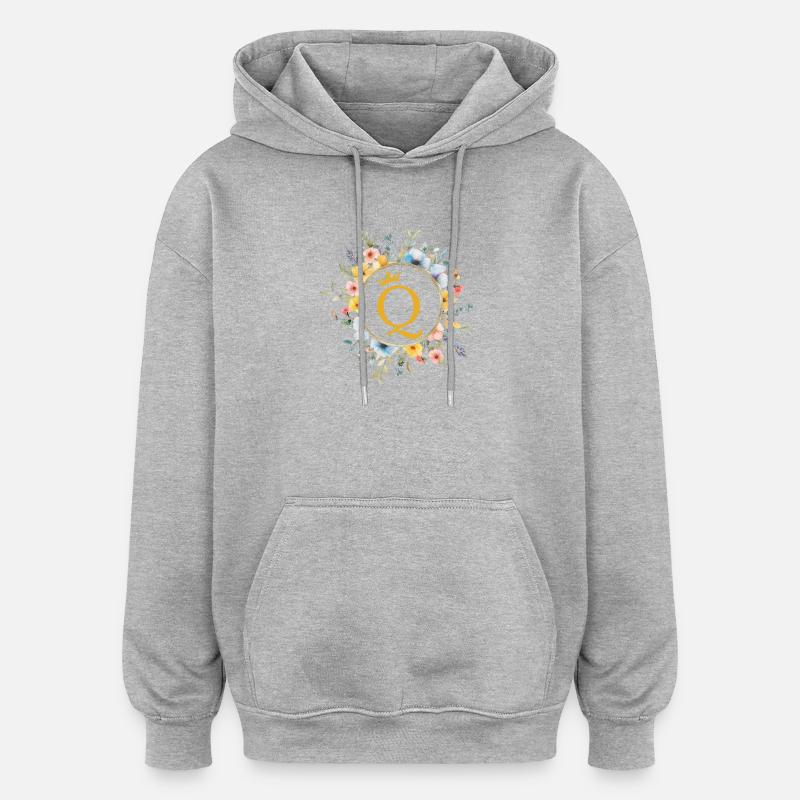 Q Monogram, Cercle de fleurs, Personnalisable - Sweat à capuche oversize unisexe - gris chiné
