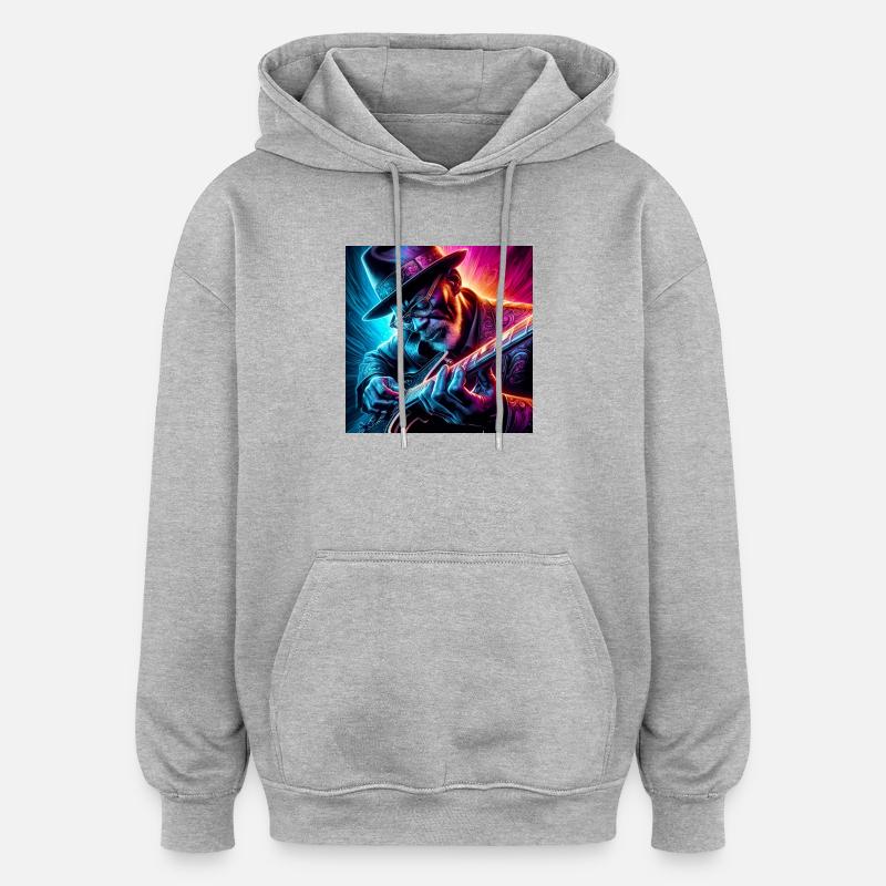 Guitariste rétro à effets néons - Sweat à capuche oversize unisexe - gris chiné