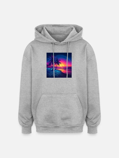 Neon Sonnenuntergang Palmenstrand - Oversized Unisex Hoodie - Grau meliert
