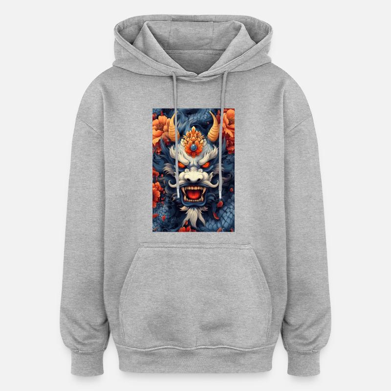 Tête de Dragon Bleue avec des Fleurs de Feu - Sweat à capuche oversize unisexe - gris chiné