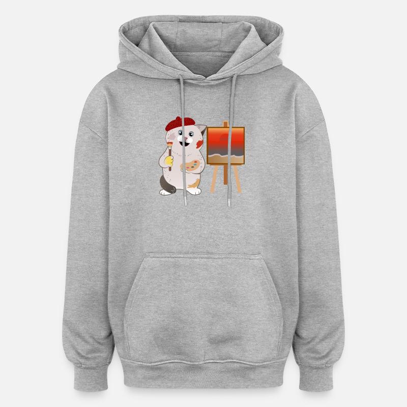 Mignon chat peintre - Sweat à capuche oversize unisexe - gris chiné