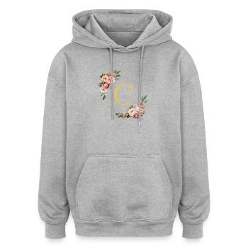 C Monogram, Couronne de fleurs, Personnalisable - Sweat à capuche oversize unisexe - gris chiné - Devant - Noah (186cm)