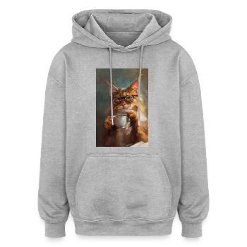 Poster Illustration of Cat with Coffee Cup - Oversized Unisex Hoodie - heather grey - Front - Noah (186cm)