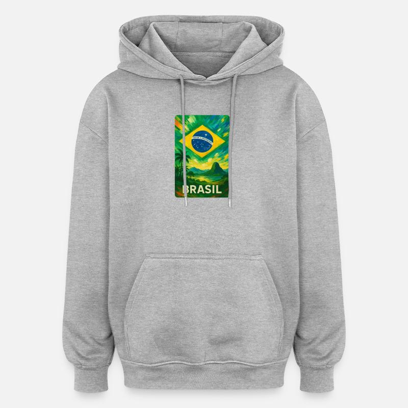 Brésil – Peinture drapeau tropical - Sweat à capuche oversize unisexe - gris chiné