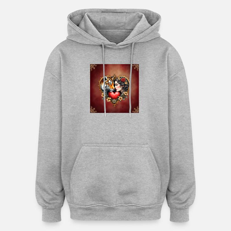 Amour sauvage avec tigre et fleur - Sweat à capuche oversize unisexe - gris chiné