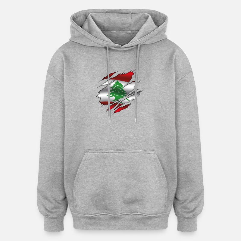 Drapeau du Liban - Drapeau déchiré - Sweat à capuche oversize unisexe - gris chiné