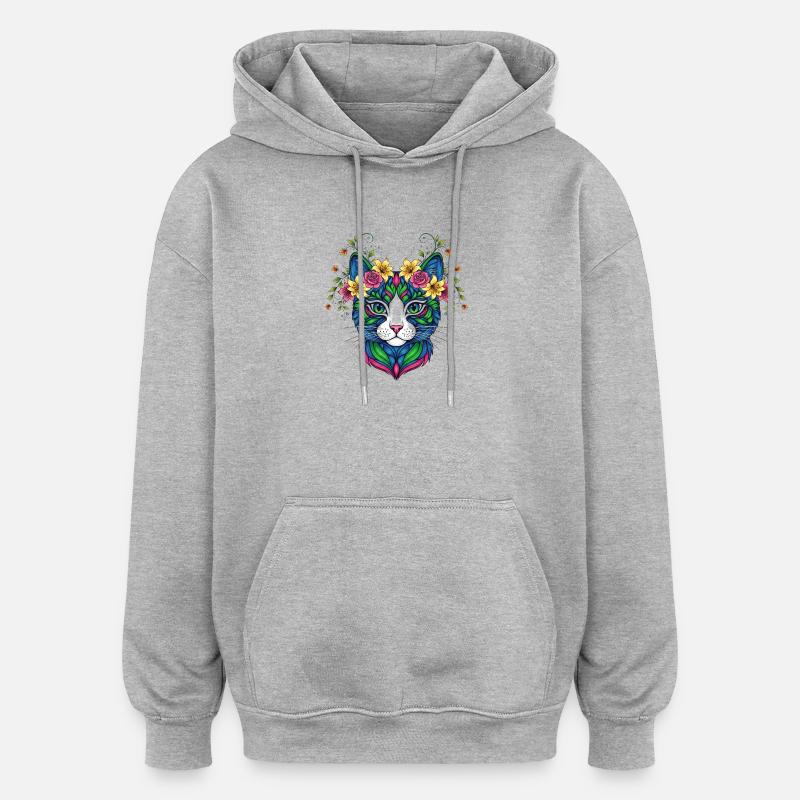 Katze mit Blumen - Oversized Unisex Hoodie - Grau meliert