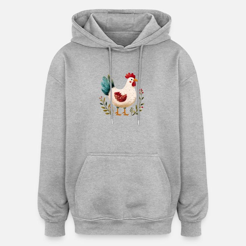 Rustikales Huhn Illustriert Blumen - Oversized Unisex Hoodie - Grau meliert