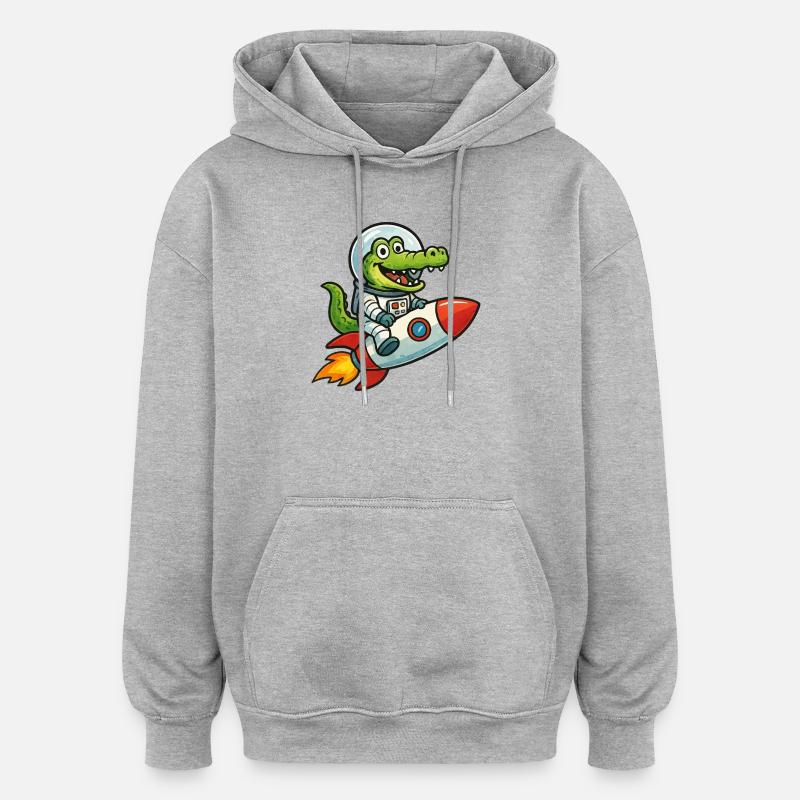 Petit crocodile dans les fusées spatiales - Sweat à capuche oversize unisexe - gris chiné