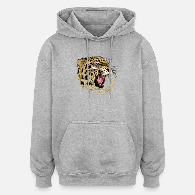 Wildes Raubtier-Design mit Leopardengesicht - Oversized Unisex Hoodie - Grau meliert