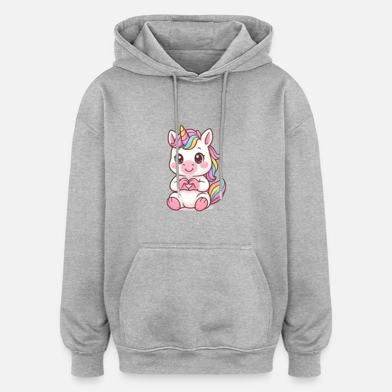 Süßes Einhorn mit Herzhänden - Oversized Unisex Hoodie - Grau meliert