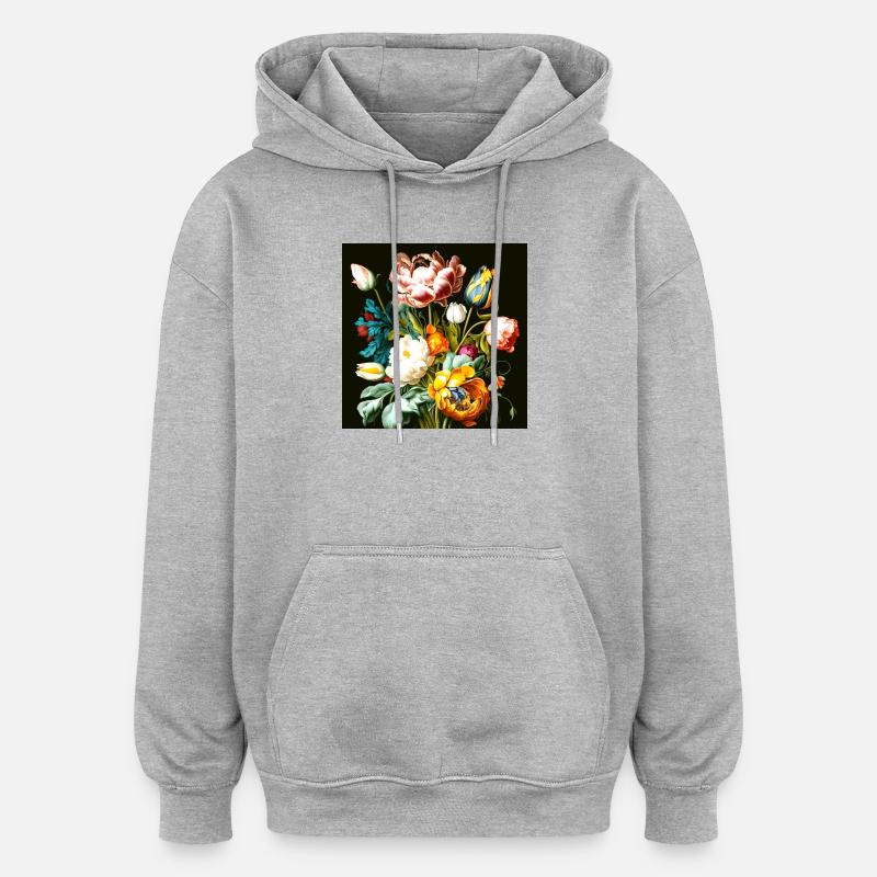 Strukturierte Blumenkomposition auf Schwarz  - Oversized Unisex Hoodie - Grau meliert