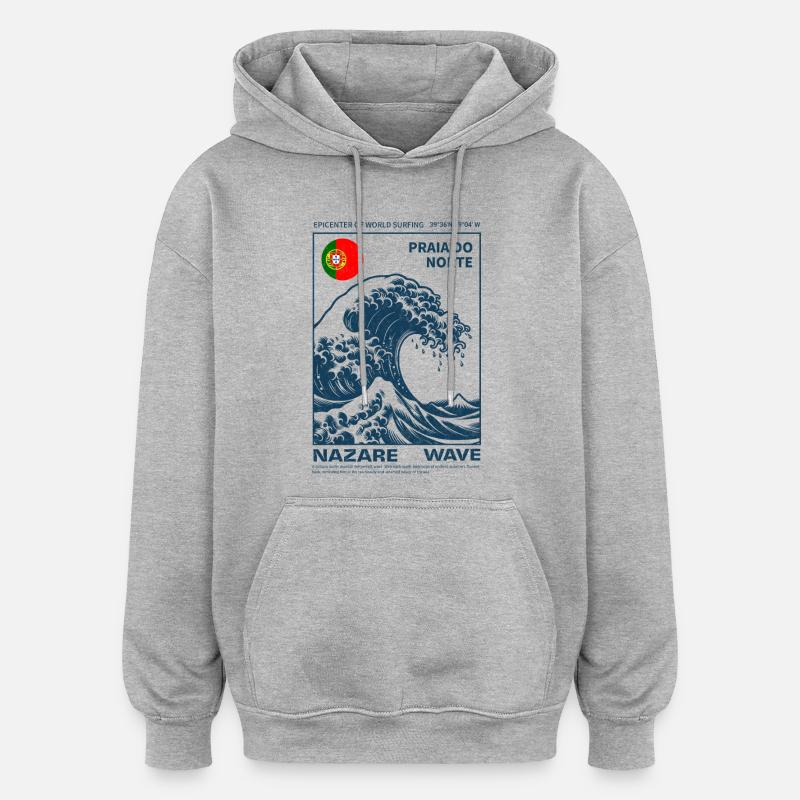 Vague Nazaré et Drapeau Portugais - Sweat à capuche oversize unisexe - gris chiné
