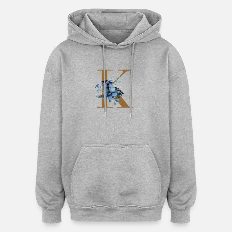 K Monogramme à fleurs bleues - Sweat à capuche oversize unisexe - gris chiné