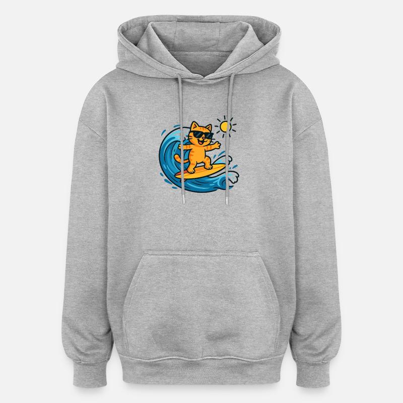 Chat surfeur soleil - Sweat à capuche oversize unisexe - gris chiné