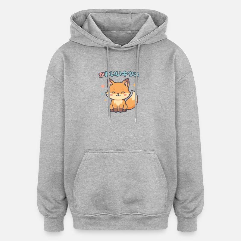 Illustration de renarde kawaii - Sweat à capuche oversize unisexe - gris chiné