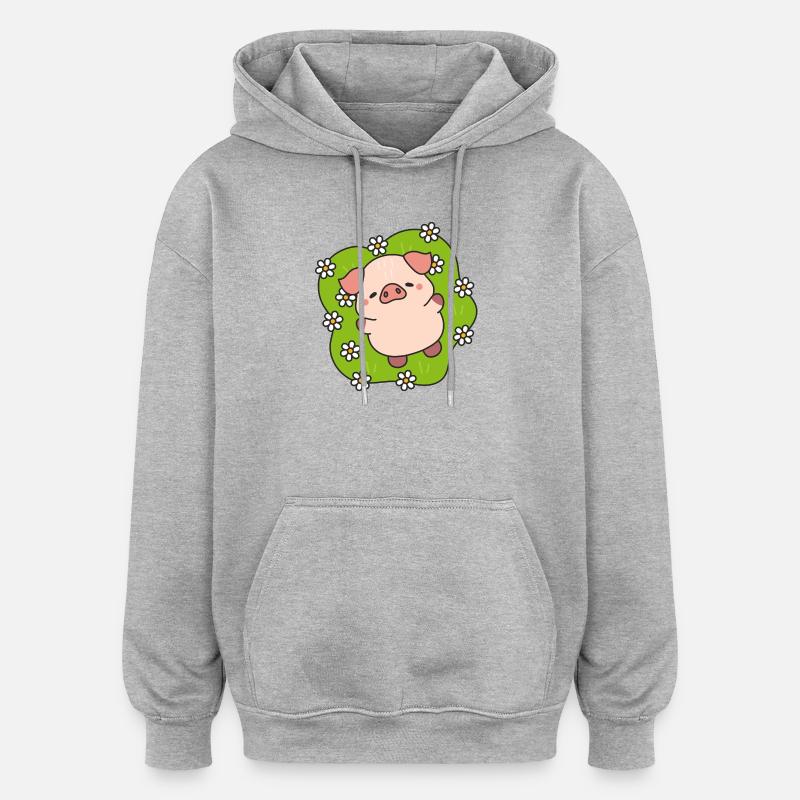 Cochon fleuri joyeux en prairie - Sweat à capuche oversize unisexe - gris chiné