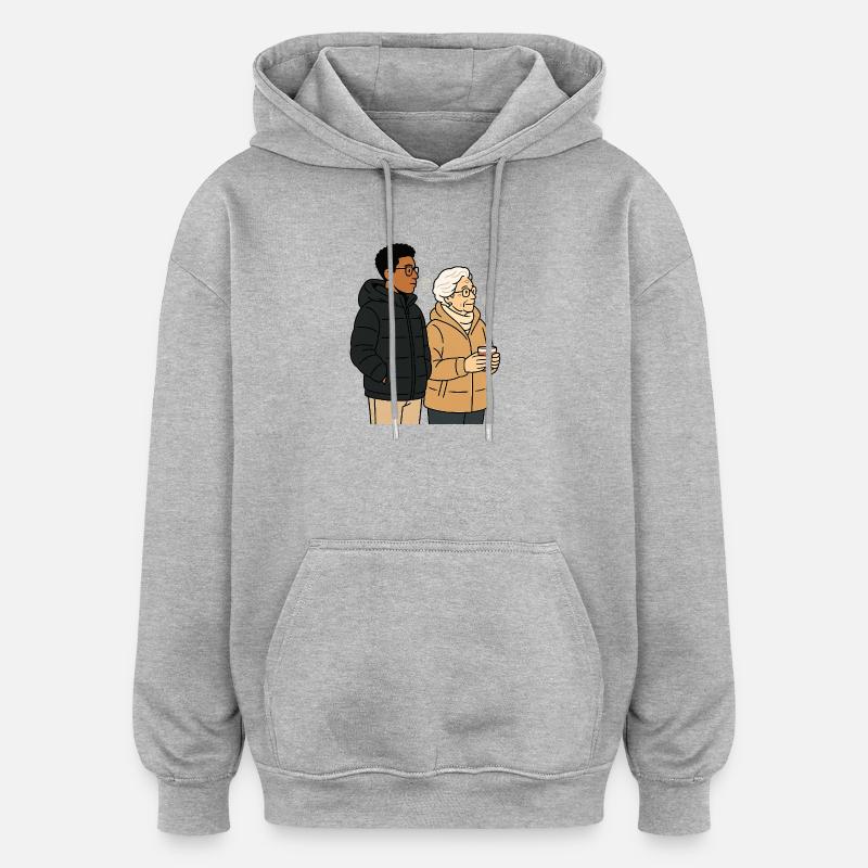 Grand-mère Karin avec son petit-fils - Sweat à capuche oversize unisexe - gris chiné