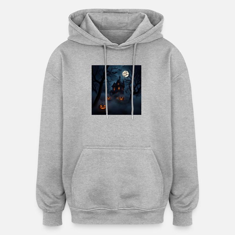 Maison hantée sous lune et citrouilles - Sweat à capuche oversize unisexe - gris chiné
