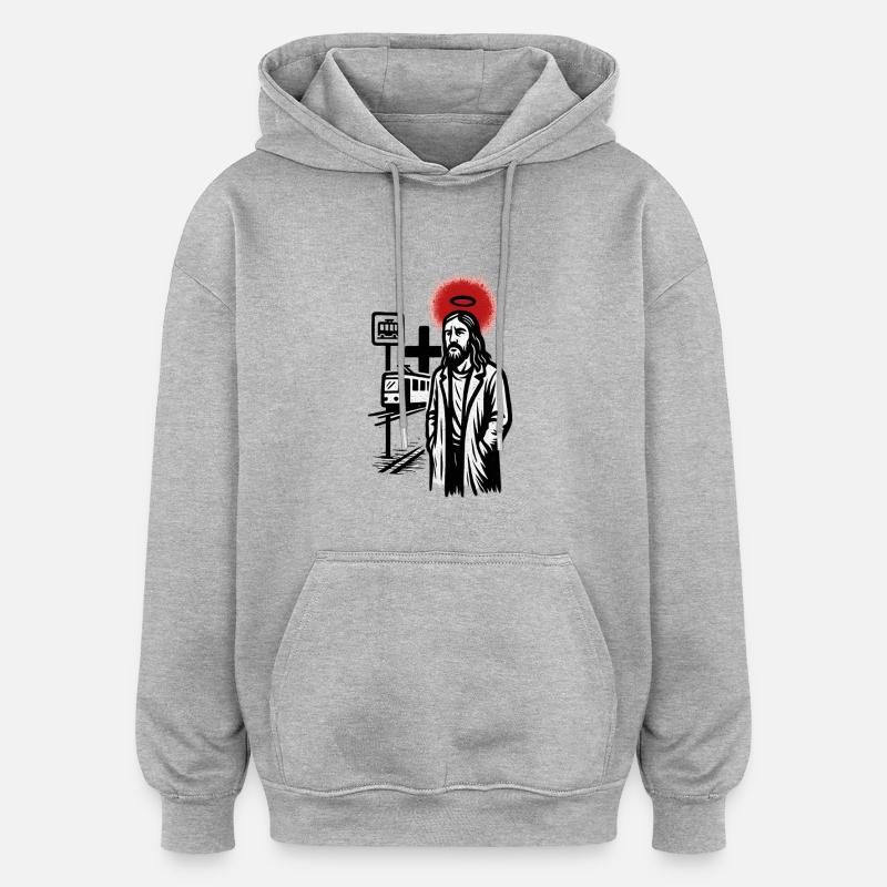 Saint sur le tramway au néon - Sweat à capuche oversize unisexe - gris chiné