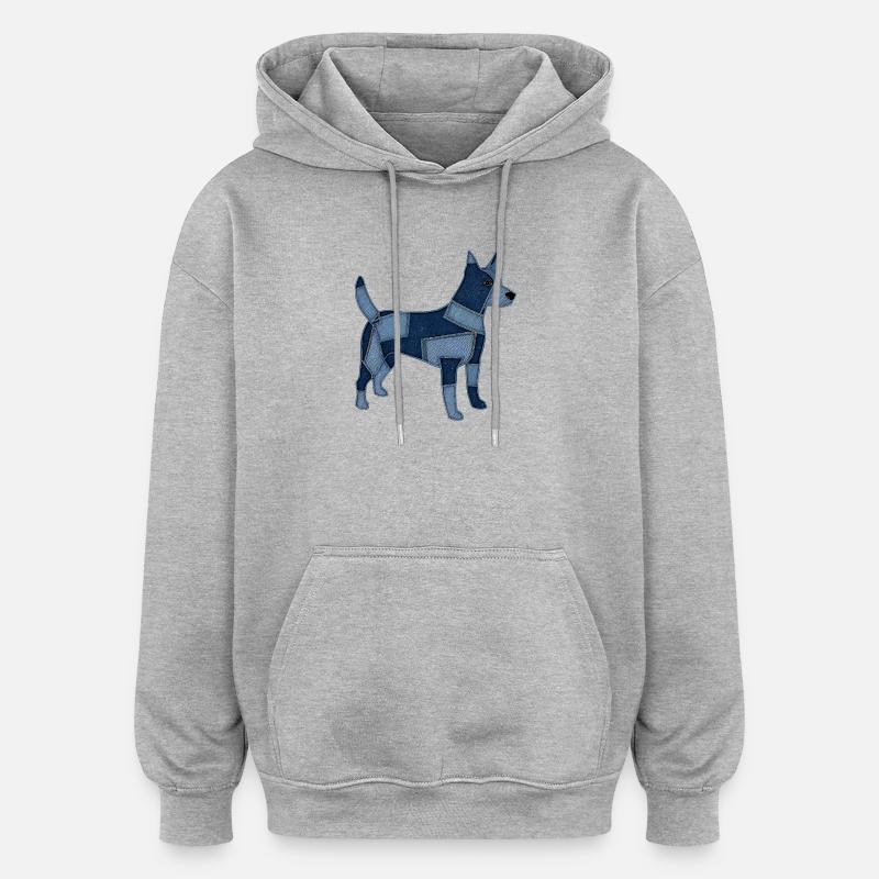 Chien en patchwork en denim - Sweat à capuche oversize unisexe - gris chiné