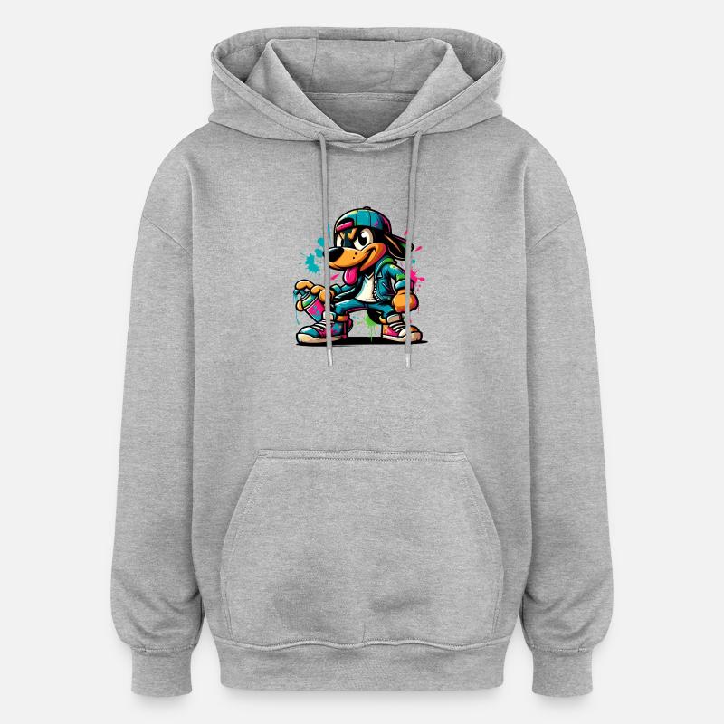Graffiti Hund Skateboard Stil - Oversized Unisex Hoodie - Grau meliert