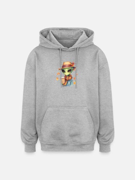 Hipster Alien mit Kaffee – Herbststimmung - Oversized Unisex Hoodie - Grau meliert
