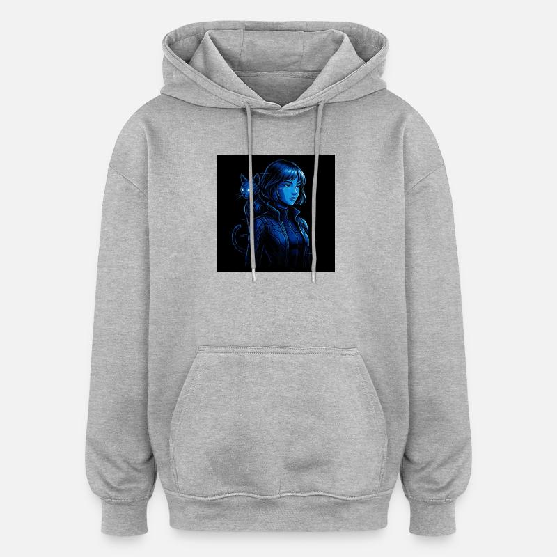 Neonjägerin mit Katzenbegleiter - Oversized Unisex Hoodie - Grau meliert