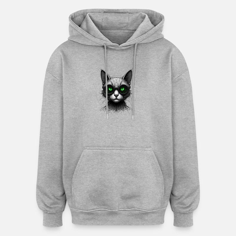 Green Eyes Computer Coder Geek Cat - Oversized Unisex Hoodie - heather grey