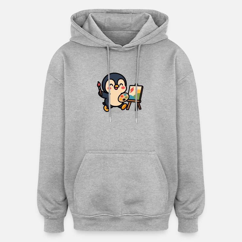 Peintre pingouin avec palette et couverts - Sweat à capuche oversize unisexe - gris chiné