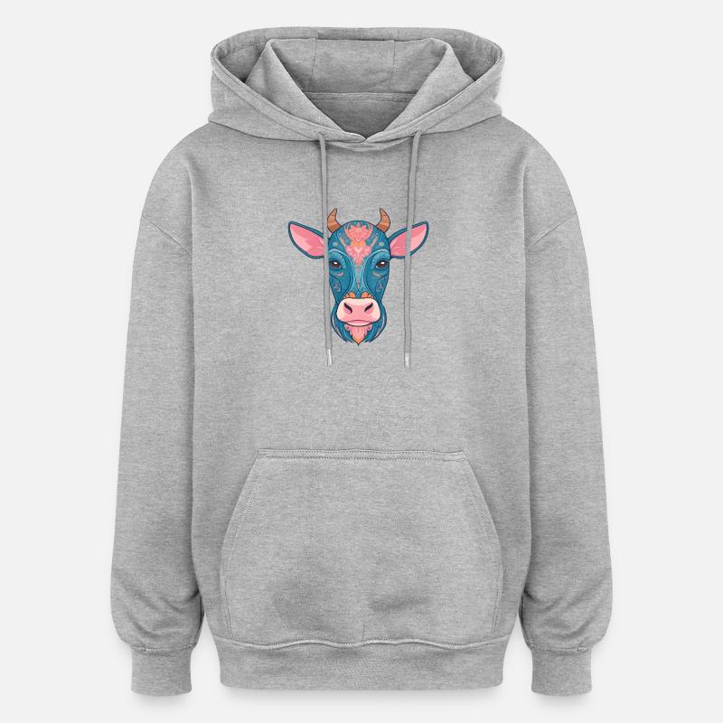 Vache bleue florale - Sweat à capuche oversize unisexe - gris chiné