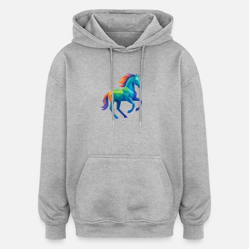 Buntes Low-Poly Pferd - Reiten - Oversized Unisex Hoodie - Grau meliert