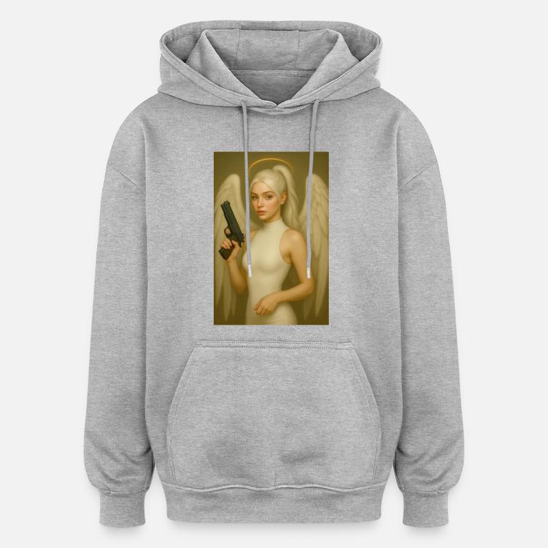 Engel mit Waffe  - Oversized Unisex Hoodie - Grau meliert