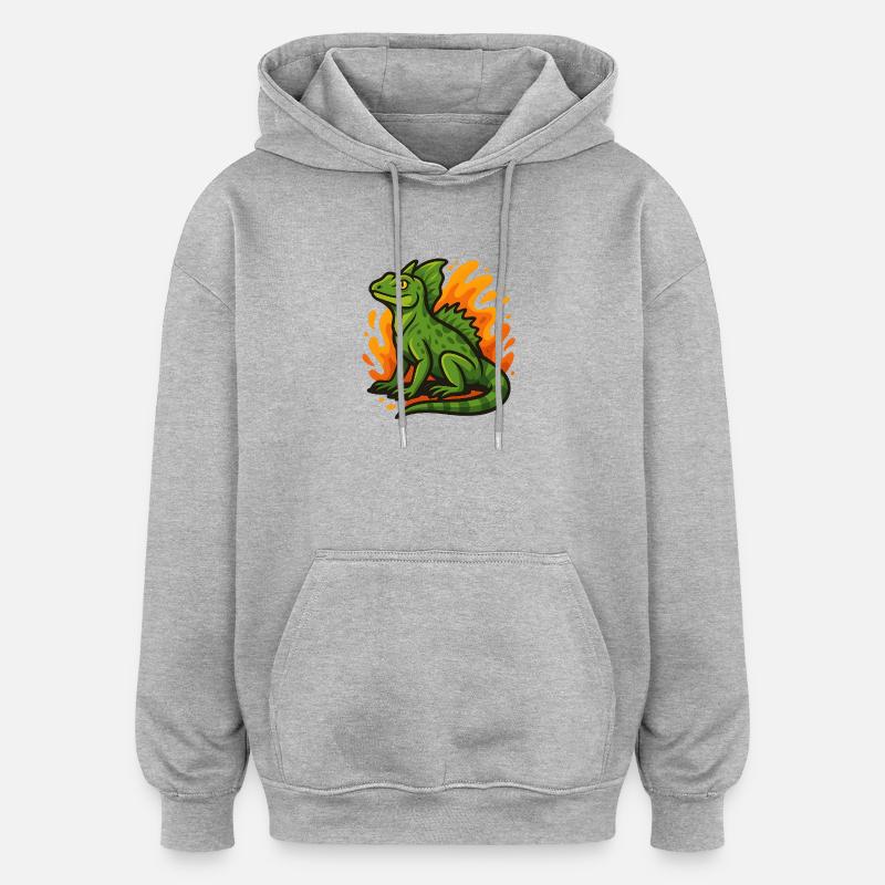 Grüne Basilisken-Eidechse mit flammendem Hintergrund - Oversized Unisex Hoodie - Grau meliert