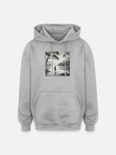 Silhouette am See im Mondlicht - Oversized Unisex Hoodie - Grau meliert