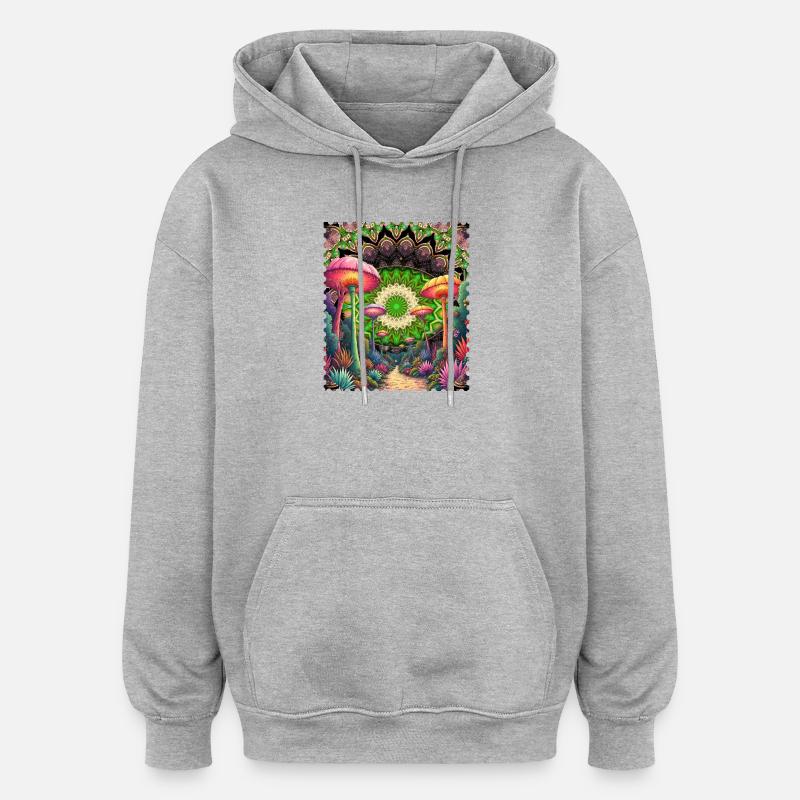Mandala du paysage psychédélique des champignons - Sweat à capuche oversize unisexe - gris chiné